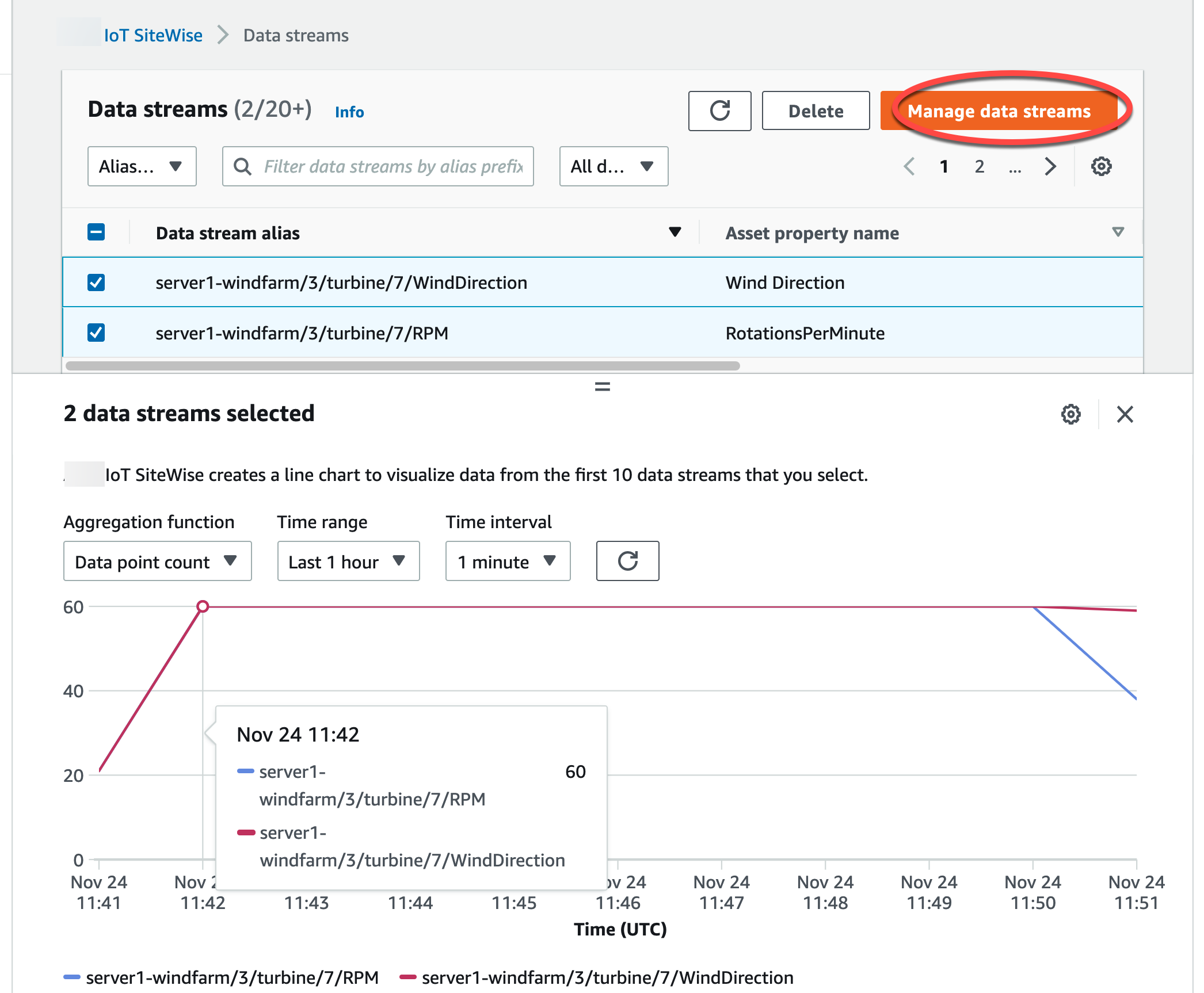 
                            Amazon IoT SiteWise “数据流列表” 页面屏幕截图。
                        