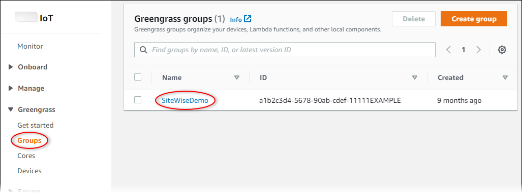 
                        Amazon IoT Greengrass “Greengrass Groups”(Greengrass 组) 页面屏幕截图。
                      