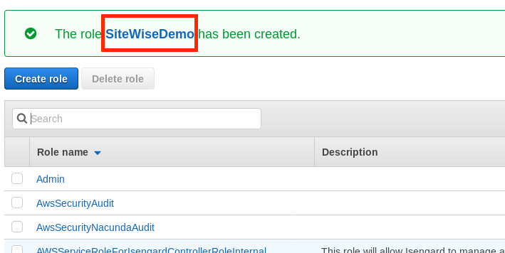 
                        IAM “角色 SiteWiseDemo 已创建) 页面屏幕截图。
                      