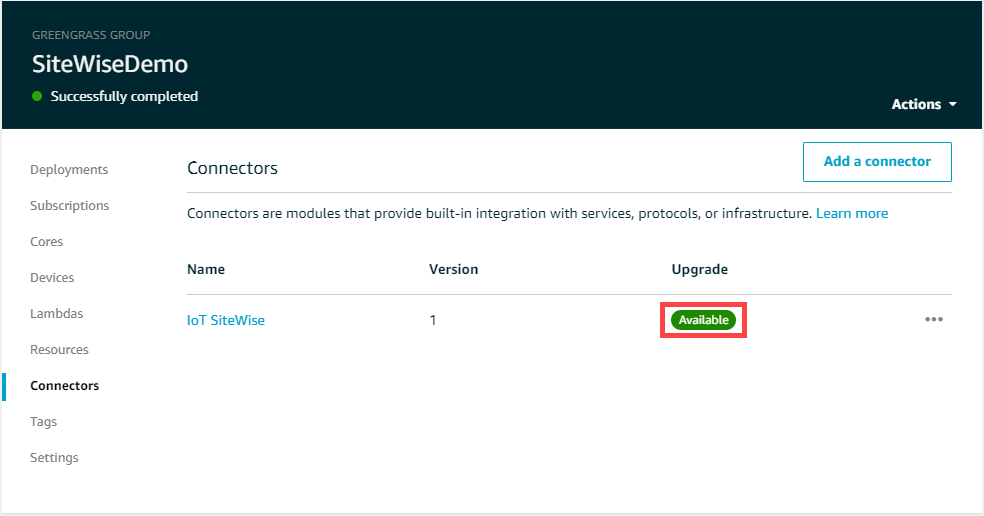 
                        Amazon IoT Greengrass 具有可用升级的 “Greengrass Connectors (Greengrass 连接器)”屏幕截图。
                      