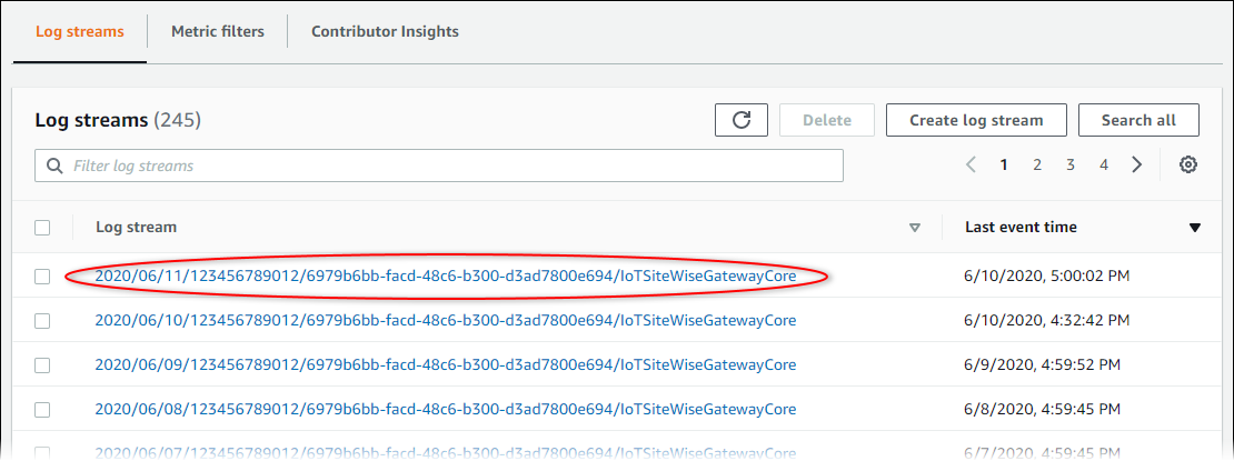 
              CloudWatch 日志 “Log groups” 页面屏幕截图。
            