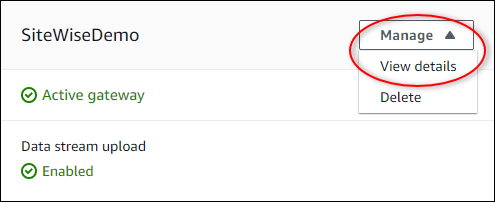 
                          Amazon IoT SiteWise “Gateways (网关)”页面屏幕截图，其中突出显示了“View details (查看详细信息)”。
                        