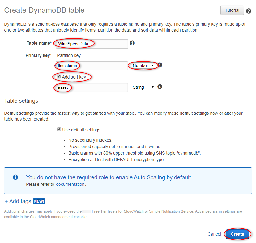 
            DynamoDB “创建表” 页面屏幕截图。
          