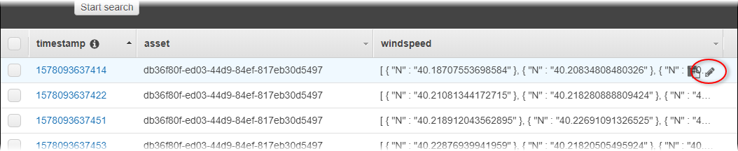 
            DynamoDB 表页面屏幕截图，并突出显示了行中的编辑图标。
          