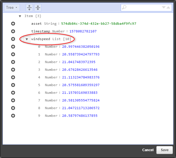 
            DynamoDB “编辑表行” 面板屏幕截图。
          