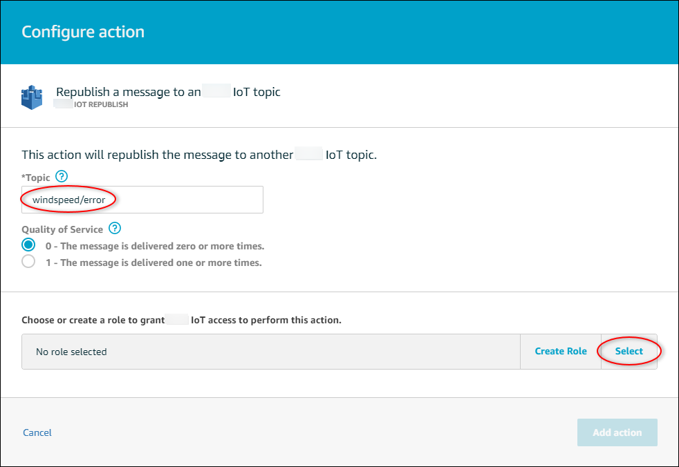 
            Amazon IoT“Configure Republish action (配置重新发布操作)” 页面屏幕截图，其中突出显示了
          