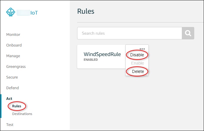 
            Amazon IoTCore “Rules (规则)” 页面屏幕截图，并打开并突出显示规则的菜
          