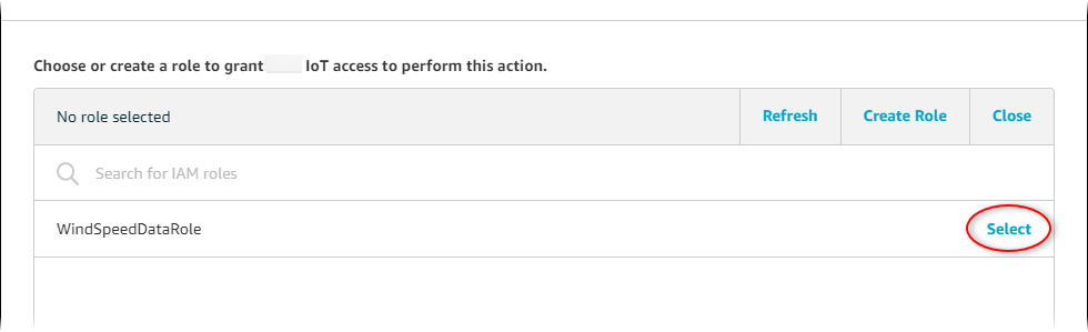 
            Amazon IoTConfigure Republish action (配置重新发布操作) 页面屏幕截图，其中突出显示了角色
          