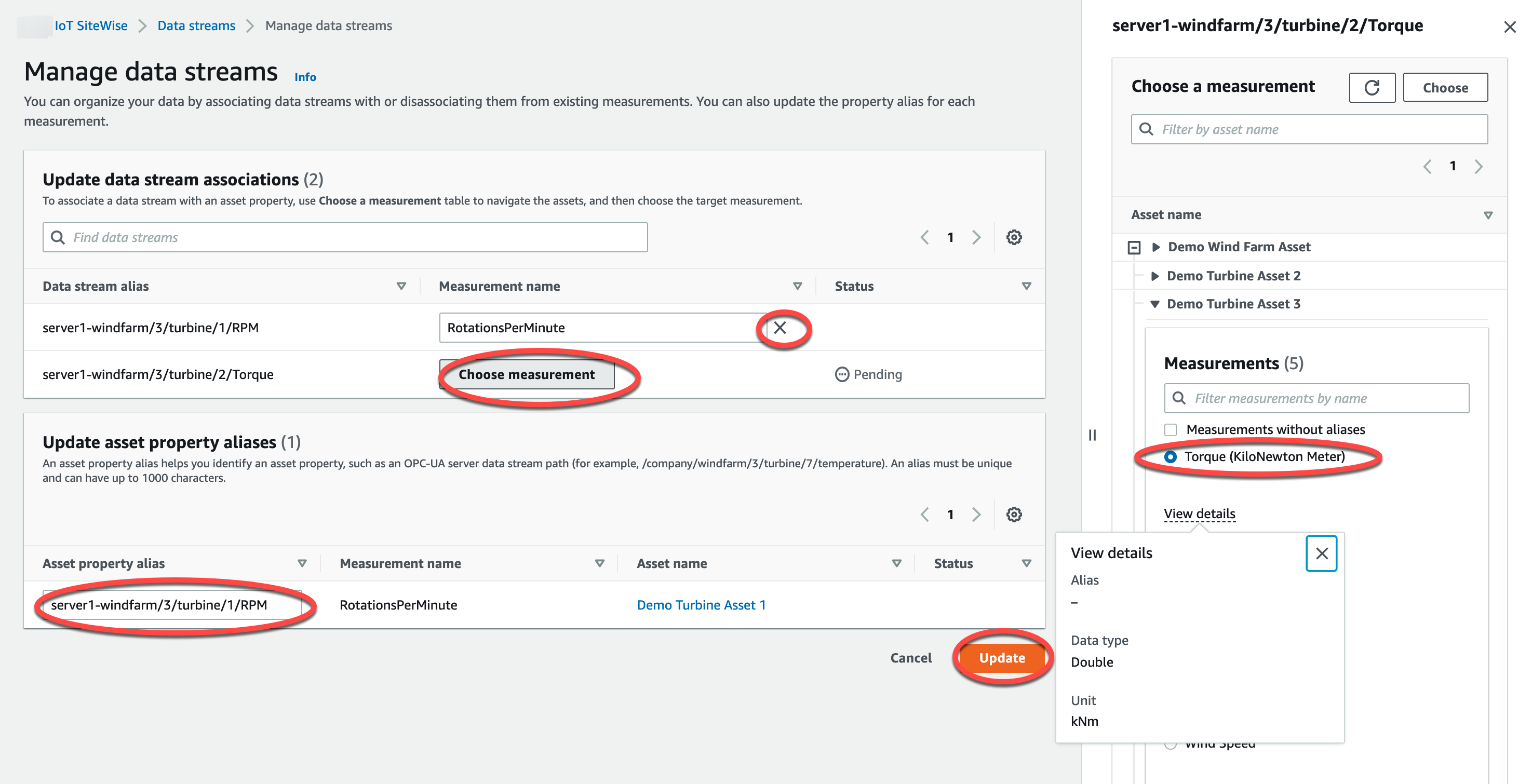 
                            Amazon IoT SiteWise “管理数据流” 页面屏幕截图。
                        
