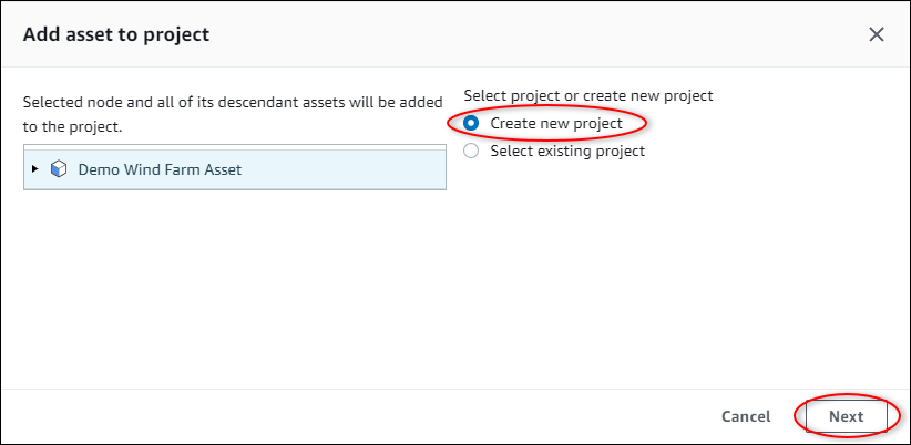 
            “Add asset (将资产添加到项目)” 对话框，其中突出显示了 “Create (创建新项目)”。
          