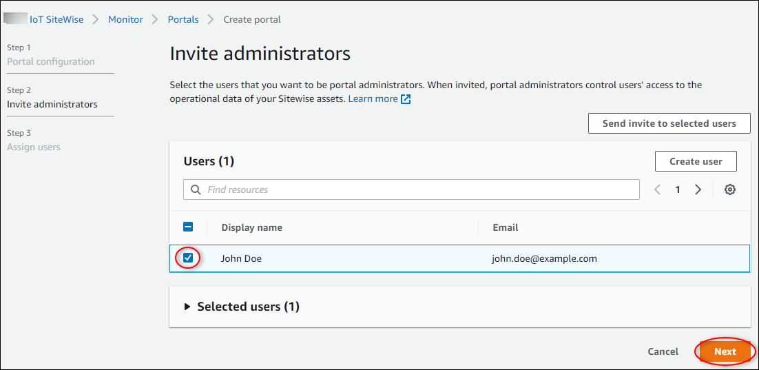 
                “Create portal (创建门户)”流程的“Invite administrators (邀请管理员)”页面。
              