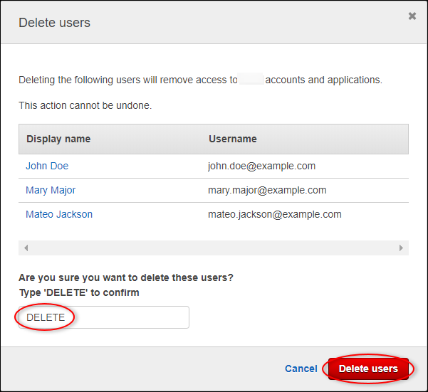 
            IAM 身份中心 “Delete users (删除用户)” 对话框。
          
