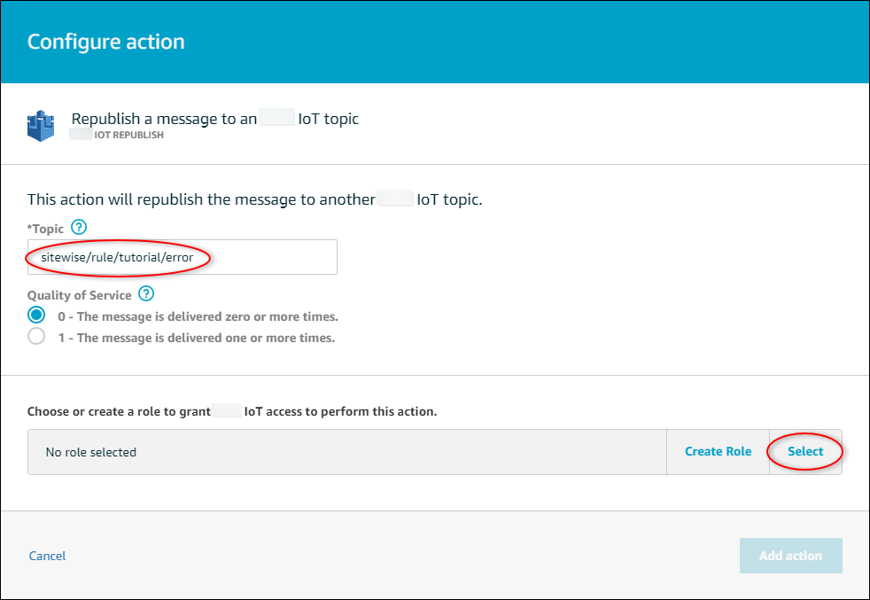 
            Amazon IoT Core “Configure Republish action (配置重新发布操作)”页面屏幕截图，其中突出显示了“Topic (主题)”。
          