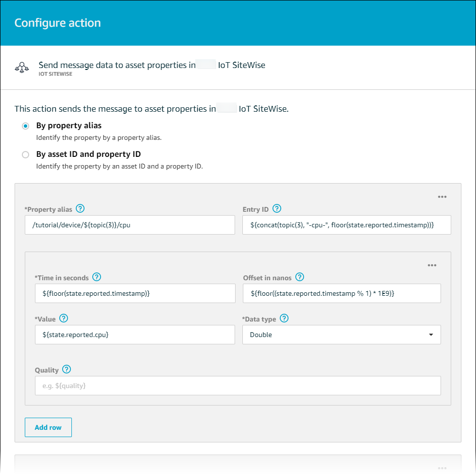 
                Amazon IoT Core “配置Amazon IoT SiteWiseAction (操作) 页面屏幕截
              
