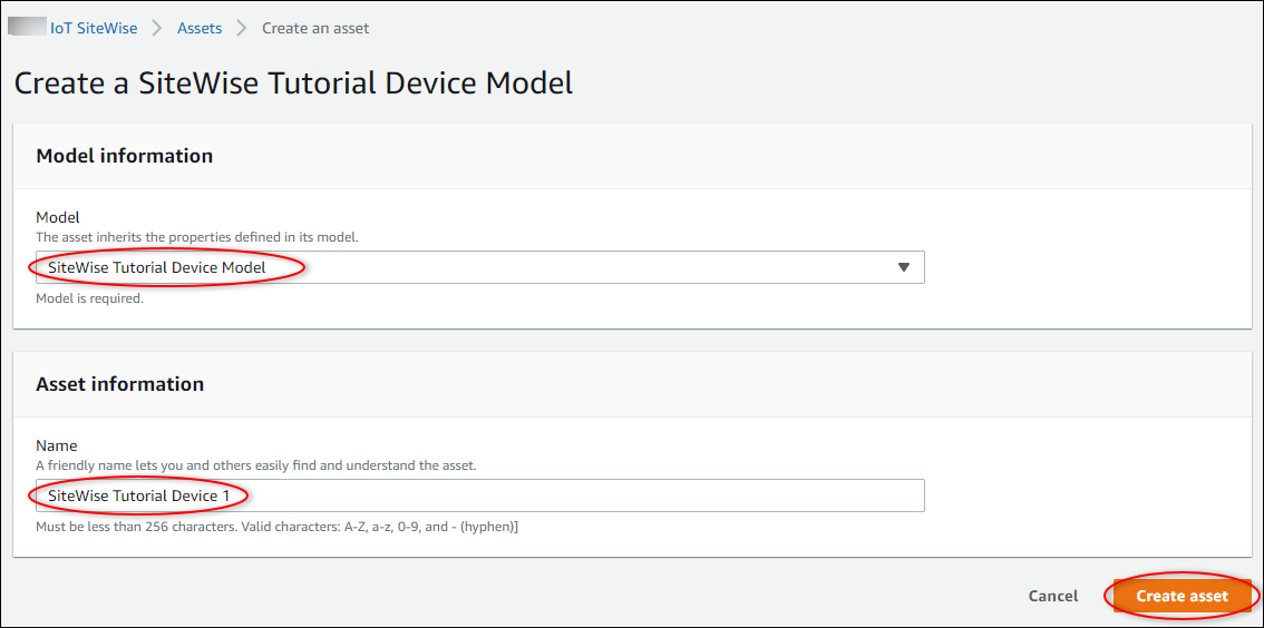 
            Amazon IoT SiteWise “Create asset (创建资产)” 屏幕截图SiteWise Tutorial Device资产。
          