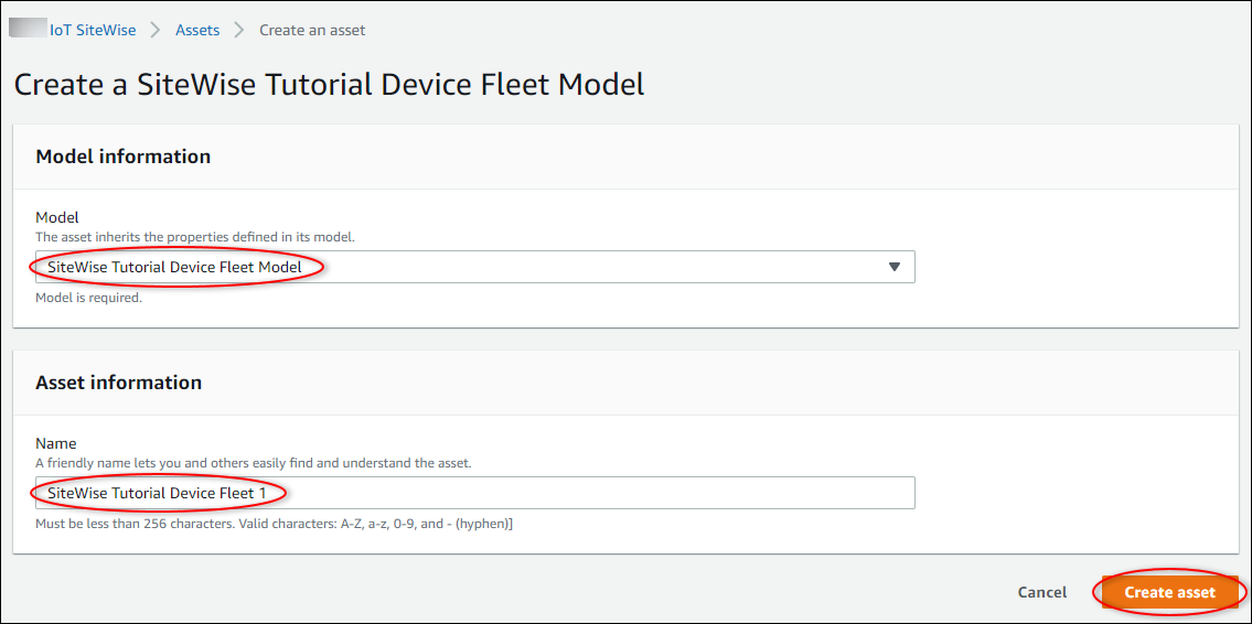 
            Amazon IoT SiteWise “Create asset (创建资产)” 屏幕截图SiteWise Tutorial Device Fleet资产。
          