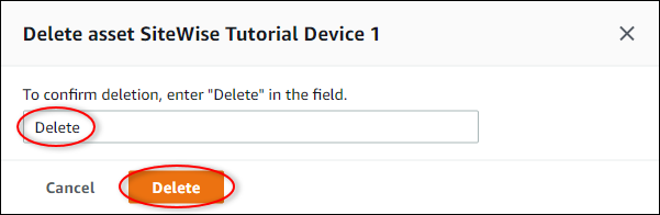 
            Amazon IoT SiteWise “Delete asset (删除资产)”对话框屏幕截图。
          