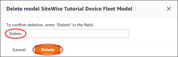 
            Amazon IoT SiteWise “Delete model (删除模型)”对话框屏幕截图。
          