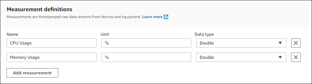 
            Amazon IoT SiteWise设备资产“Measurement definitions (测量定义)”屏幕截图。
          