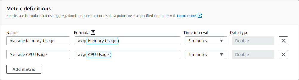 
            Amazon IoT SiteWise设备资产“Metric definitions (指标定义)”屏幕截图。
          