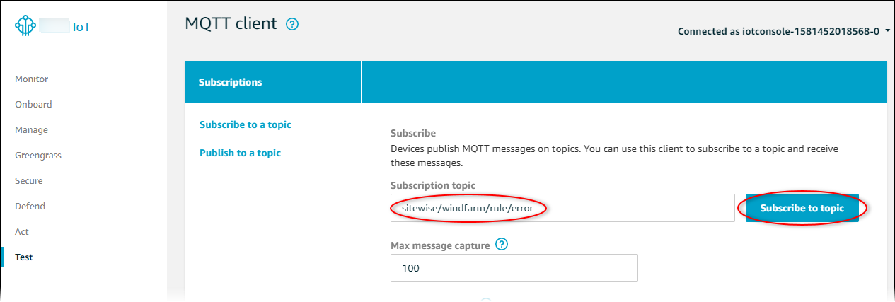 
              Amazon IoT Core “MQTT client (MQTT 客户端)”页面屏幕截图，其中突出显示了“Subscribe to topic (订阅主题)”按钮。
            