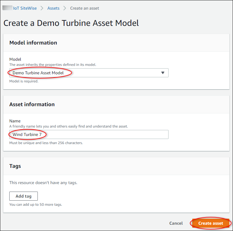 
                  Amazon IoT SiteWise “Create asset (创建资产)”页面屏幕截图。
                