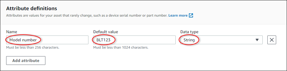 
                Amazon IoT SiteWise “Create model (创建模型)”页面屏幕截图，其中突出显示了示例属性的参数。
              