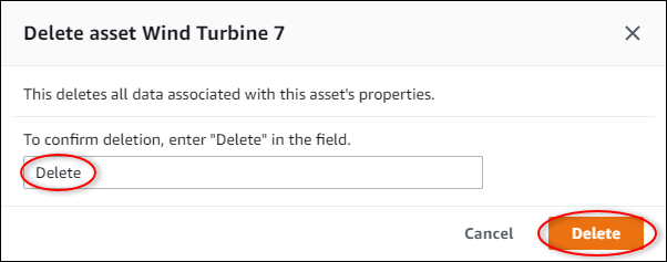 
                    Amazon IoT SiteWise “Asset (资产)”页面屏幕截图，其中删除确认对话框中突出显示了“Delete (删除)”。
                  