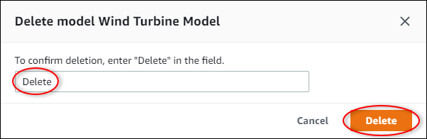 
                    Amazon IoT SiteWise “Model (模型)”页面屏幕截图，其中删除确认对话框中突出显示了“Delete (删除)”。
                  