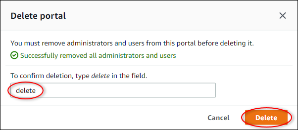 
            “Delete Portals (删除门户)” 对话框，其中突出显示了 “删除”
          