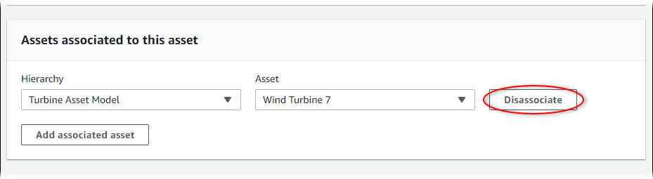 
              Amazon IoT SiteWise “Edit asset (编辑资产)”页面屏幕截图，其中突出显示了“Disassociate (取消关联)”。
            