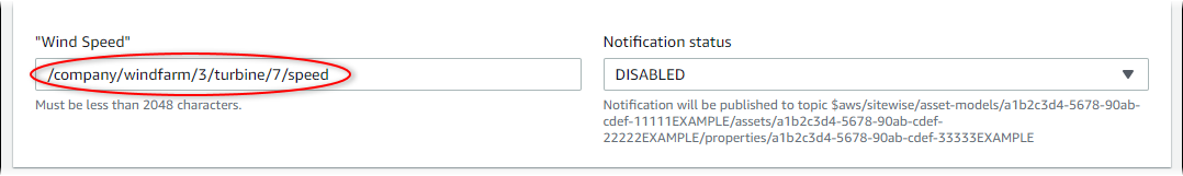 
              Amazon IoT SiteWise “Edit asset (编辑资产)”页面屏幕截图，其中突出显示了属性别名。
            