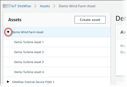 
        Amazon IoT SiteWise “Assets (资产)”页面屏幕截图，其中突出显示了资产层次结构。
      