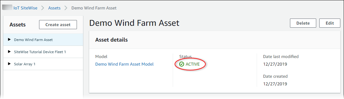 
                Amazon IoT SiteWise “Asset (资产)”页面屏幕截图，其中突出显示了资产状态。
              