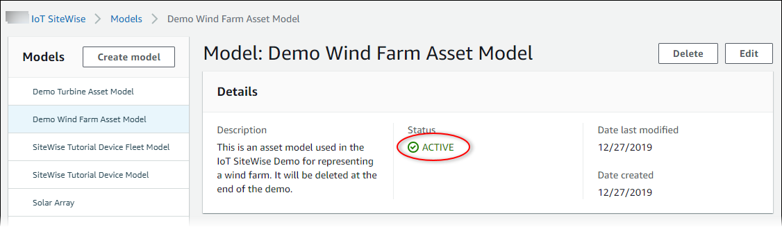 
                Amazon IoT SiteWise “Asset model (资产模型)”页面屏幕截图，其中突出显示了资产模型状态。
              