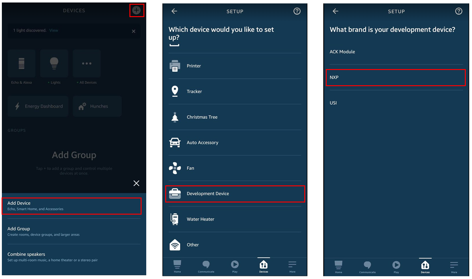 
                                    Amazon Alexa 应用程序会显示提示，使您能够向环境中添加 NXP 设备。
                                