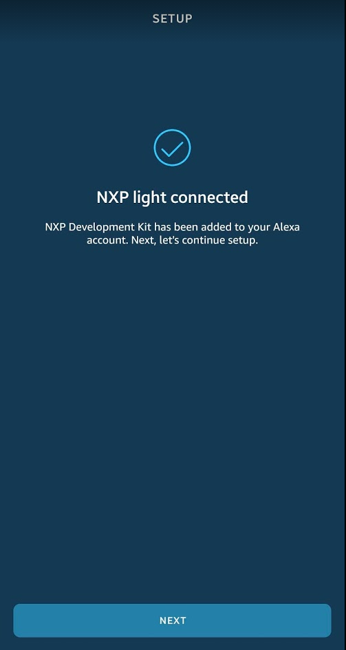 
                    当套件连接到 Amazon IoT，应用程序将显示一个包含以下消息的屏幕：NXP 灯已连接。
                