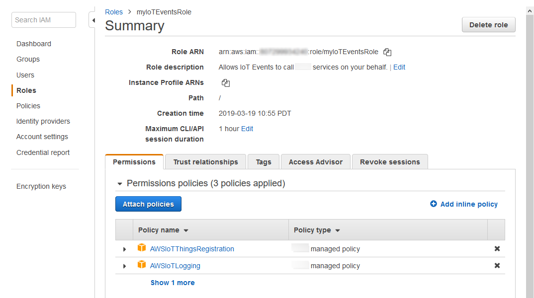 
              设置 IAMAmazon IoT EventsIAM 控制台中的服务角色。
            