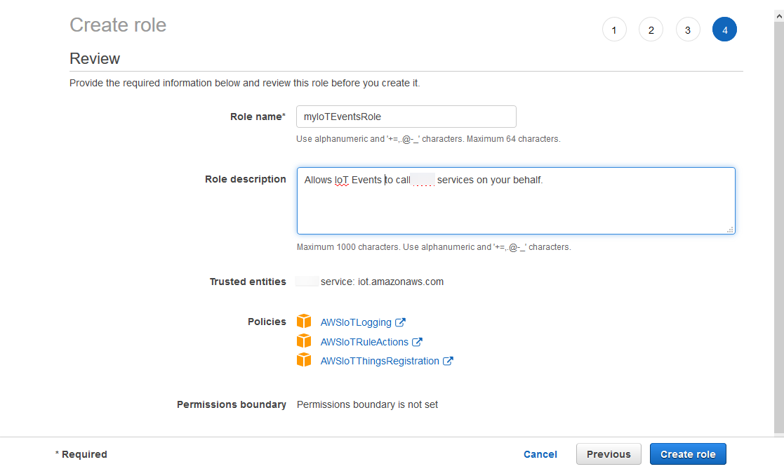 
              设置 IAMAmazon IoT EventsIAM 控制台中的服务角色。
            