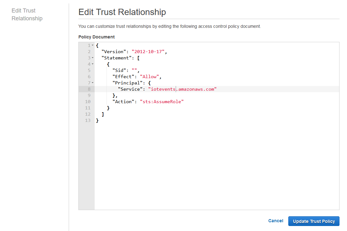 
              设置 IAMAmazon IoT EventsIAM 控制台中的服务角色。
            