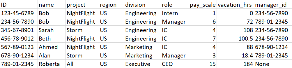 
                     包含先前 SELECT 语句输出的 CSV 文件的屏幕截图
                  