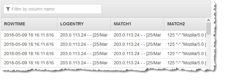 
                控制台屏幕截图，显示具有 ROWTIME、LOGENTRY、MATCH1 和 MATCH2 列的结果数据表。
            