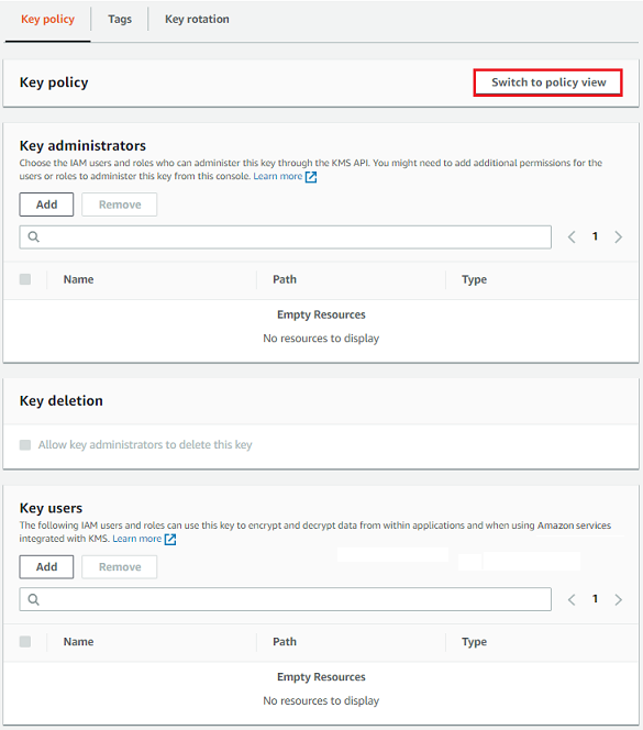 
                        Amazon KMS 控制台中的默认视图中的默认密钥策略视图
                    
