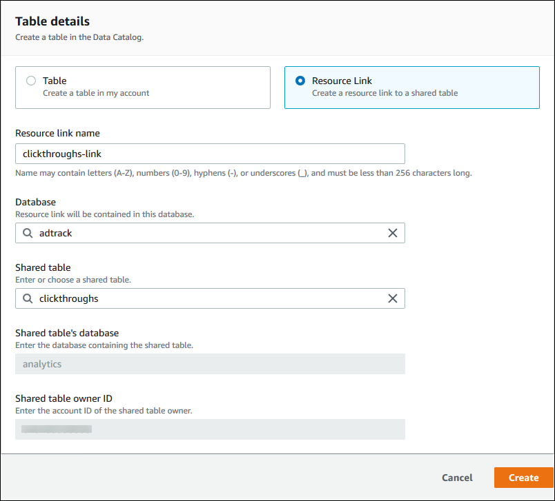 
            表详细信息对话框选中了 “资源链接” 单选按钮，并填写了以下字段：资源链接名称、数据库、共享表、共享表的数据库和共享表所有者 ID。最后两个字段被禁用（只读）。
          