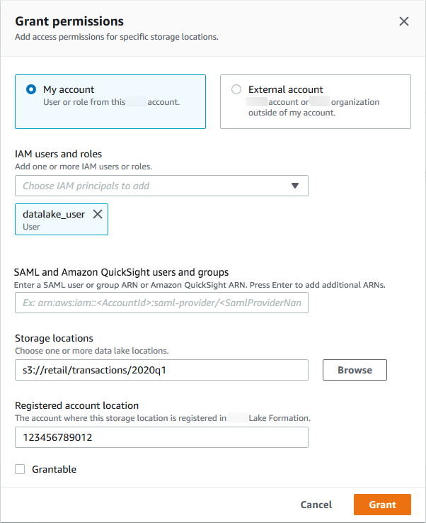 
       在 “授予权限” 对话框中，选择了用户 datalake_user 和存储位置 s3://retail/transactions/q119。
      