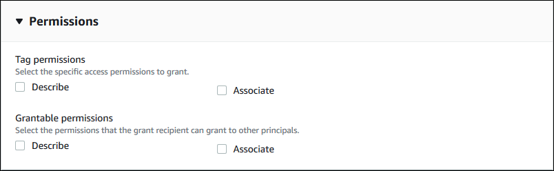 
          “权限” 部分在标签权限标题和 Grantable 权限标题下都有描述和关联复选框。
        