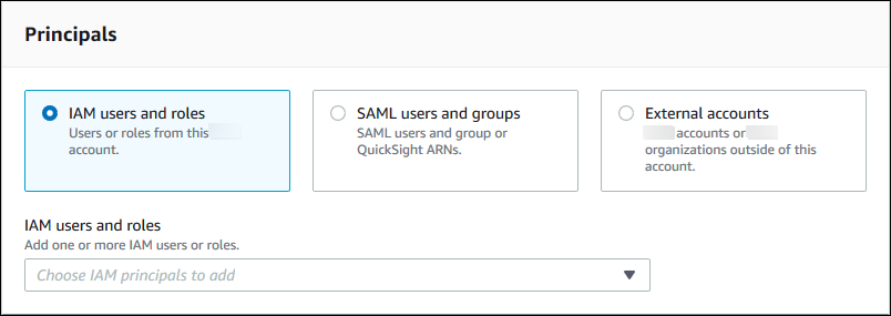 
          承担者部分包含以下文本中命名的三个磁贴。每个磁贴都包含一个选项按钮和文本。IAM 用户和角色磁贴处于选中状态，磁贴下方有一个 IAM 用户和角色下拉列表。
        