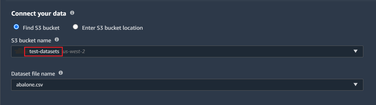 
              Autopilot 实验页面的 “Connect 数据” 部分中的 S3 存储桶名称和数据集文件名字段。
            