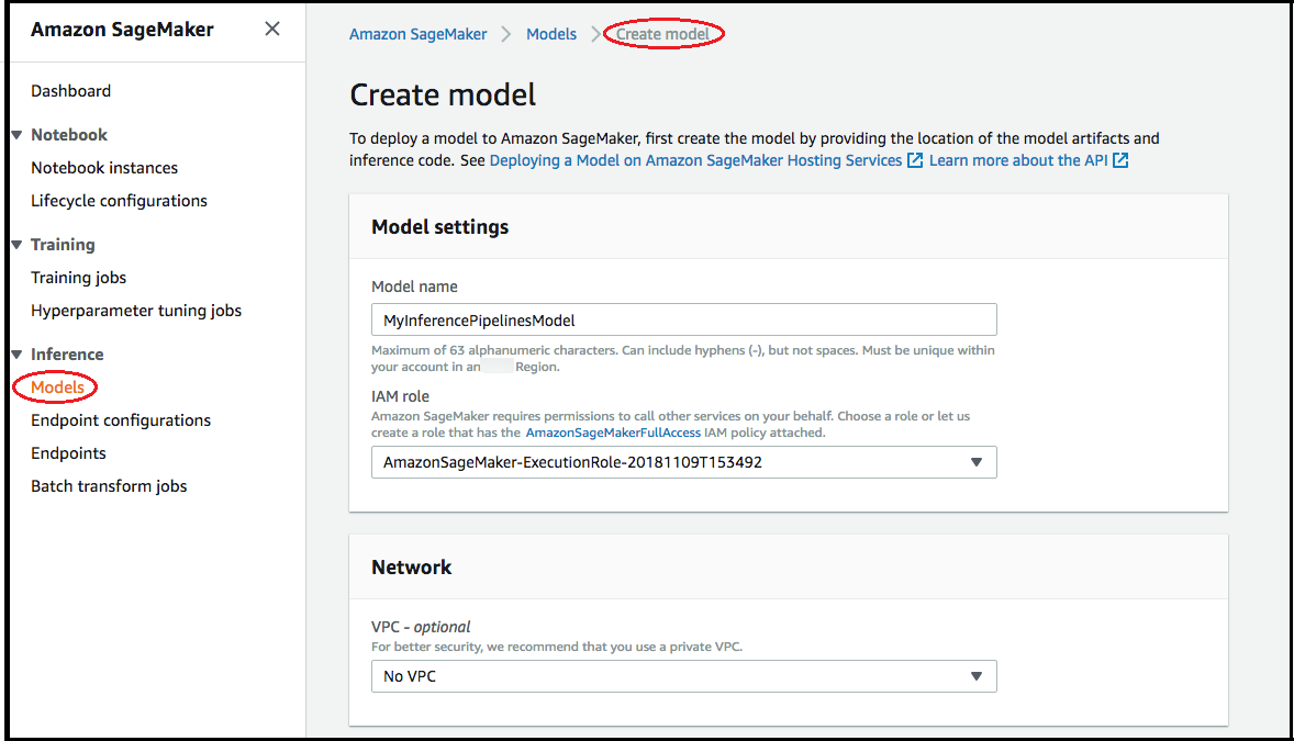 
                        用于创建推理管道模型的页面。
                    