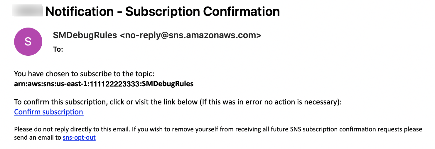 
                    Amazon SNS 的订阅确认电子邮件消息SMdebuGrules主题。
                